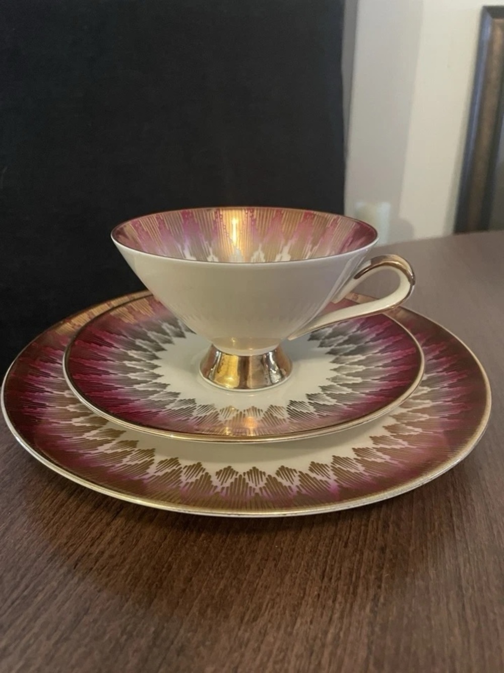 Winterling Porcelain Tea Cup Trio with Burgundy and Gold Radiant Border